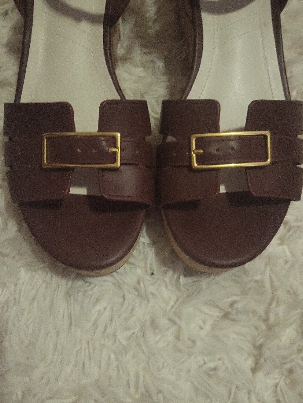 Franco Sarto Brown Leather Wedge Sandals with Gold Buckle Accents - Picture 2 of 8
